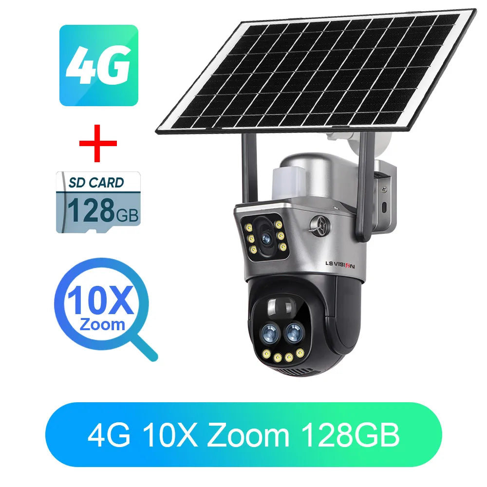 Caméra de surveillance solaire à double écran, connectée en Wi-Fi ou via carte SIM 4G. Uniquement conçue pour une utilisation extérieure, elle offre un zoom 10×, une alarme lumineuse intégrée, et une protection conforme à la norme IP66