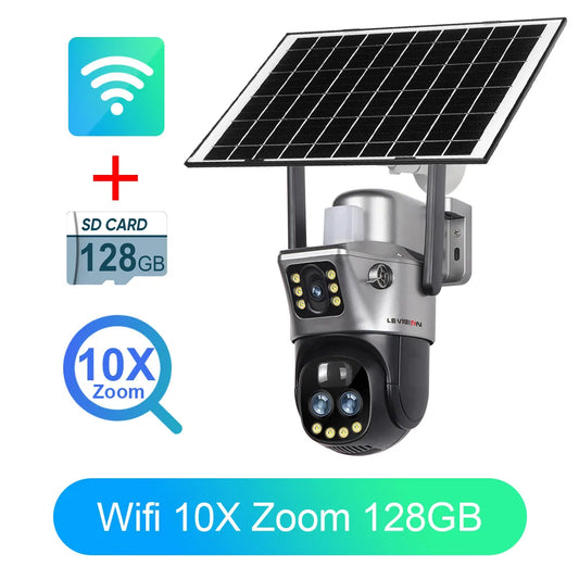 Caméra de surveillance solaire à double écran, connectée en Wi-Fi ou via carte SIM 4G. Uniquement conçue pour une utilisation extérieure, elle offre un zoom 10×, une alarme lumineuse intégrée, et une protection conforme à la norme IP66