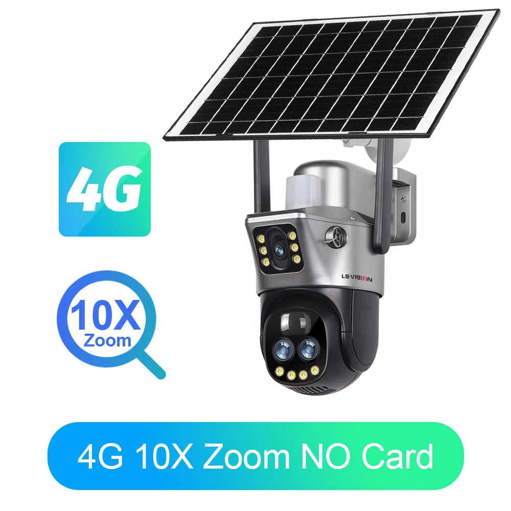 Caméra de surveillance solaire à double écran, connectée en Wi-Fi ou via carte SIM 4G. Uniquement conçue pour une utilisation extérieure, elle offre un zoom 10×, une alarme lumineuse intégrée, et une protection conforme à la norme IP66