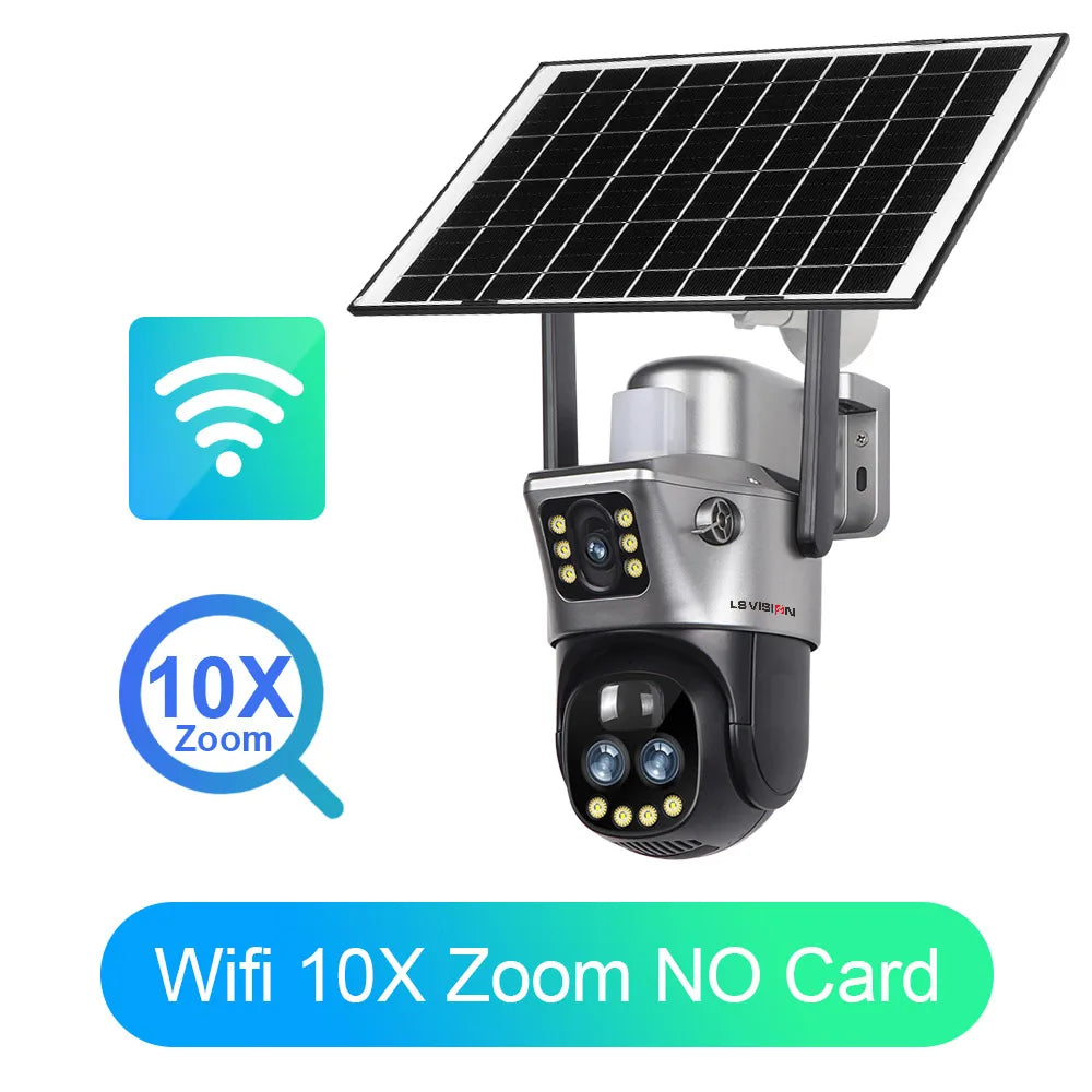 Caméra de surveillance solaire à double écran, connectée en Wi-Fi ou via carte SIM 4G. Uniquement conçue pour une utilisation extérieure, elle offre un zoom 10×, une alarme lumineuse intégrée, et une protection conforme à la norme IP66